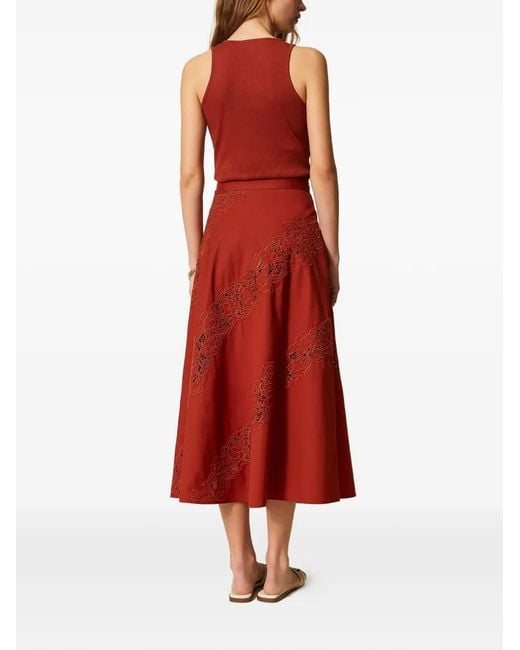 Twinset Red Lace Belted Maxi Skirt
