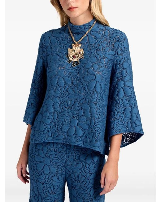 LaDoubleJ Blue Floral-Pattern Lace Blouse