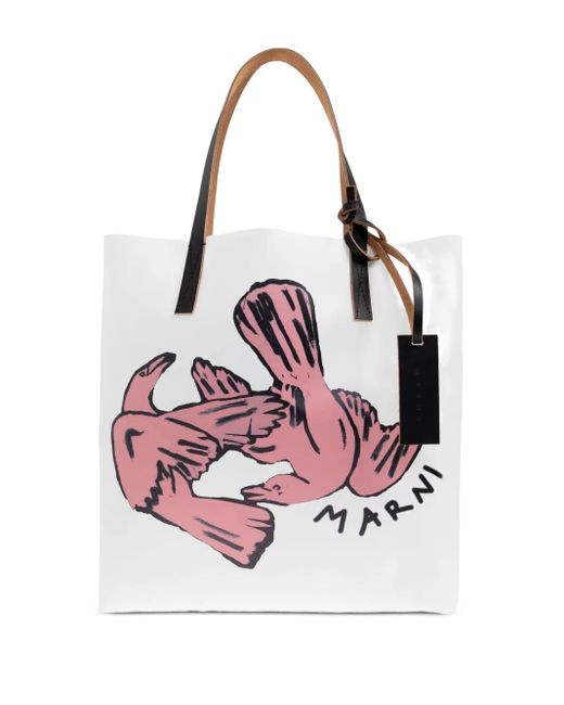 Marni Bird-print Leather Tote Bag Pink