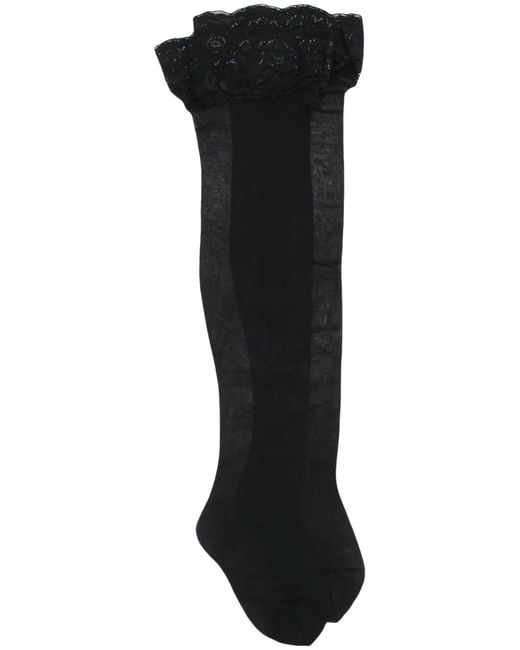 Versace Black Floral-Lace Thigh-High Stockings