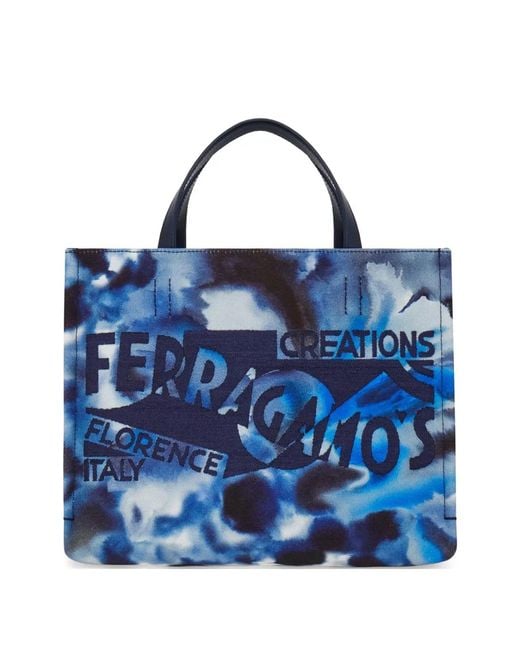 Ferragamo Blue Carnation Print Tote Bag (M)