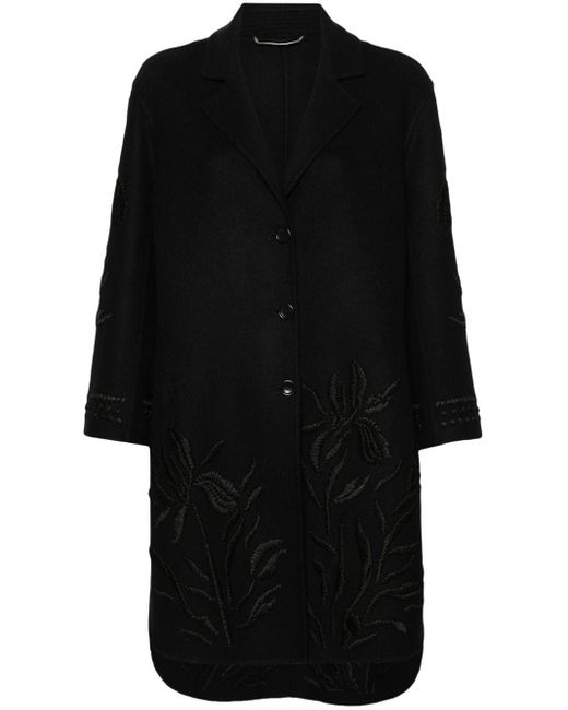 Ermanno Scervino Black Floral-embroidered Single-breasted Coat