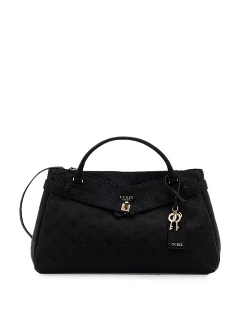 Guess Black Monogram-Debossed Key-Charm Tote Bag
