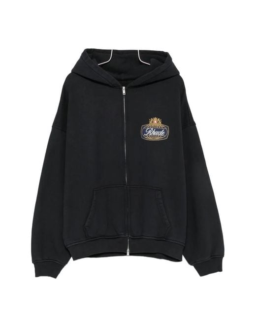 Rhude Black Logo-Print Zip-Up Hoodie for men