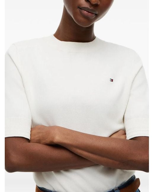 Tommy Hilfiger White Logo-Embroidered Short-Sleeve Sweater