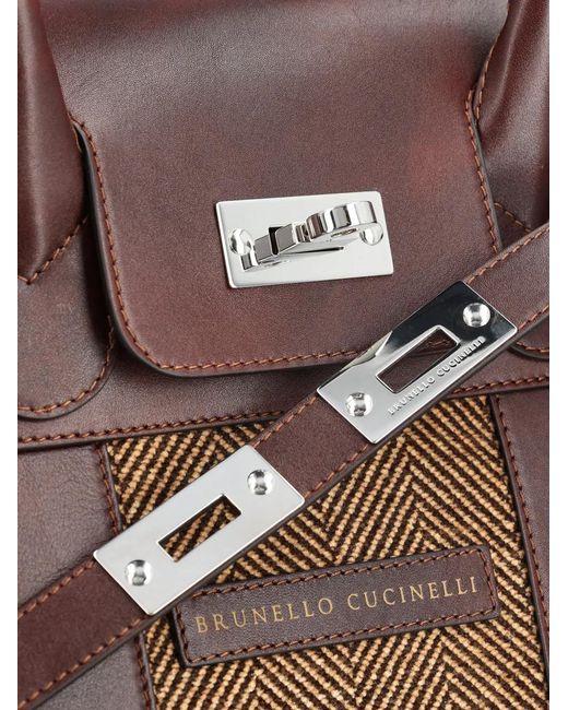 Brunello Cucinelli Brown Burnished Calfskin And Chevron-Effect Techno Fabric Country Bag for men