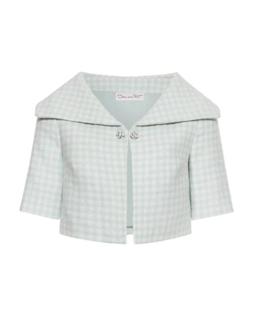 Oscar de la Renta White Gingham-Check Short-Sleeve Jacket