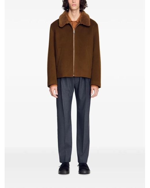 Sandro Brown Shearling-Collar Zip-Up Jacket for men