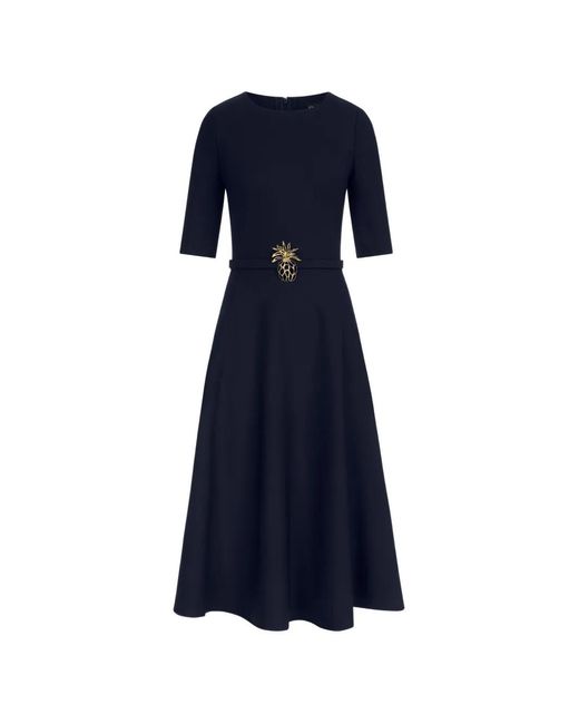 Oscar de la Renta Blue Pineapple-Belt Wool Dress