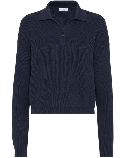 Brunello Cucinelli Blue Ribbed-knit Cotton Polo Shirt