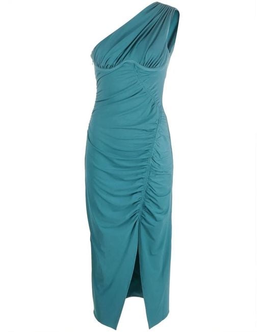 Self-Portrait Blue Teal Jersey One Shoulder Ruched Midi Dress