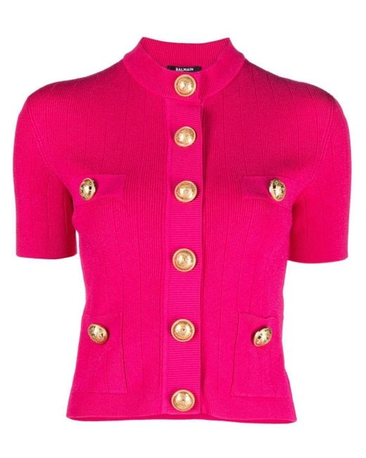 Cardigan boutonné à manches courtes Balmain en coloris Pink