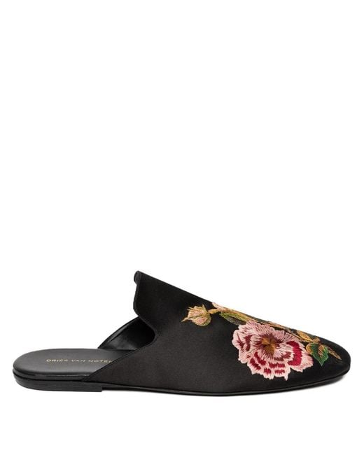 Dries Van Noten Black Floral-Embroidered Mules for men