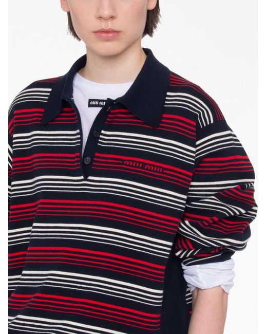 Miu Miu Striped Cotton Polo Shirt in Red | Lyst
