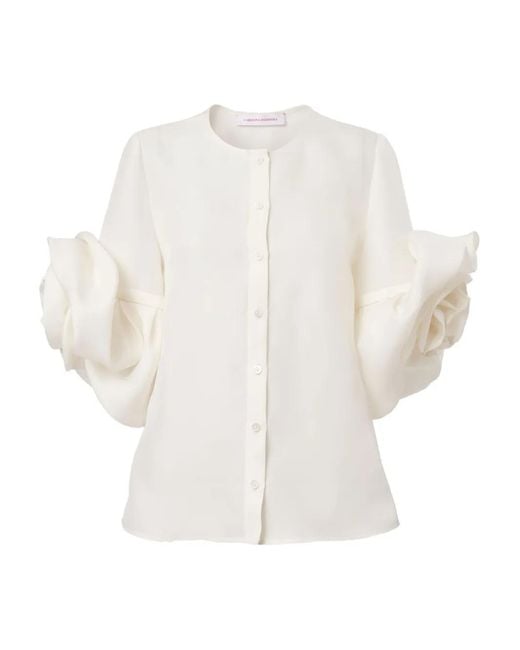 Carolina Herrera White Rosette Gazar Blouse