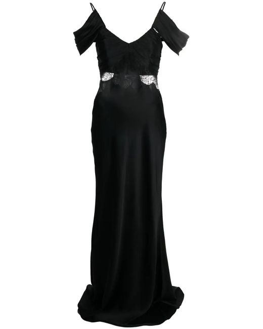 Alberta Ferretti Black Off-Shoulder Lace-Panel Satin Gown
