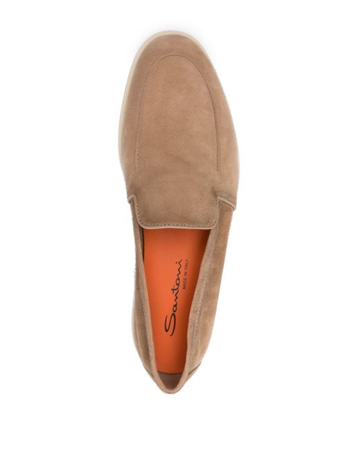 Santoni Brown Almond Suede Loafers for men