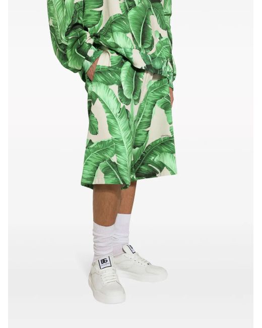 Dolce & Gabbana Green Leaf-Print Cotton Track Shorts for men