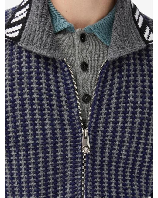 Versace Blue Waffle Knit Zip Cardigan With Geometric Intarsia Motif for men