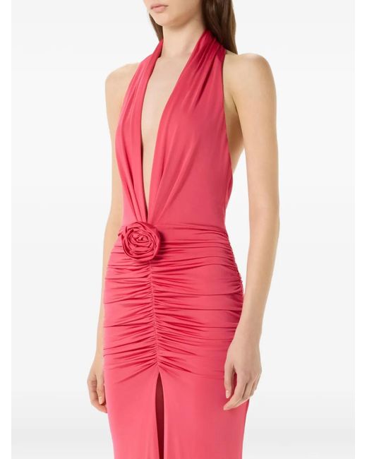 Blumarine Pink Rose-Appliqué Halterneck Maxi Dress