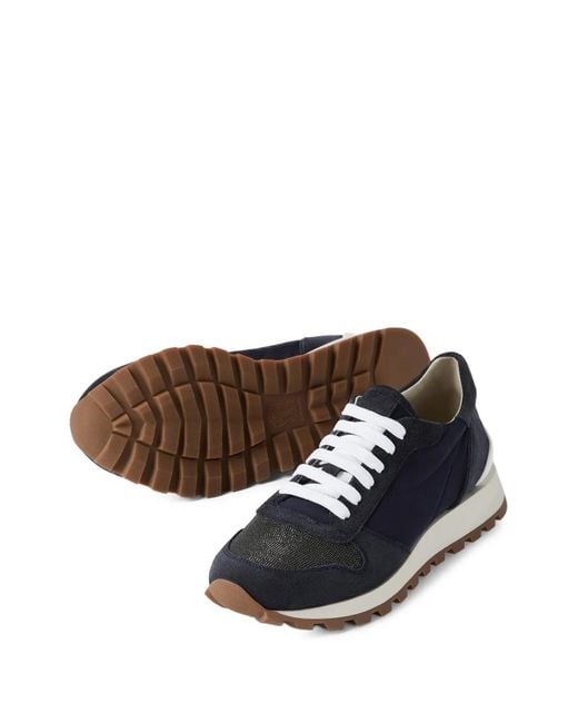 Brunello Cucinelli Blue Lace-Up Monili-Panel Sneakers
