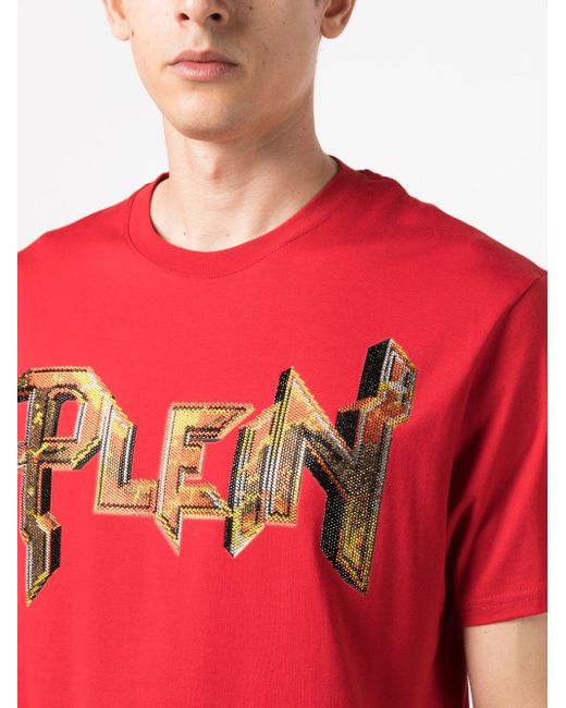 Philipp Plein Red Crystal-embellished Logo T-shirt for men