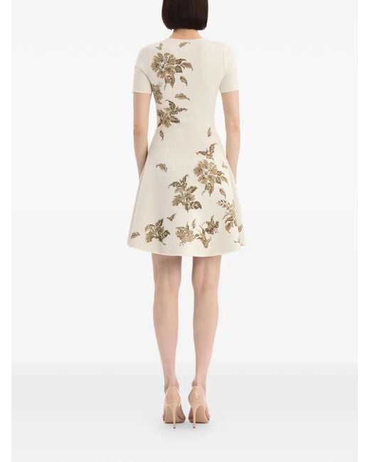 Oscar de la Renta Natural Hibiscus Metallic Jacquard Dress