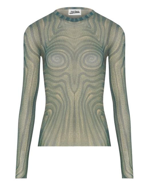 Jean Paul Gaultier Green Spiral Long-Sleeved Printed Top