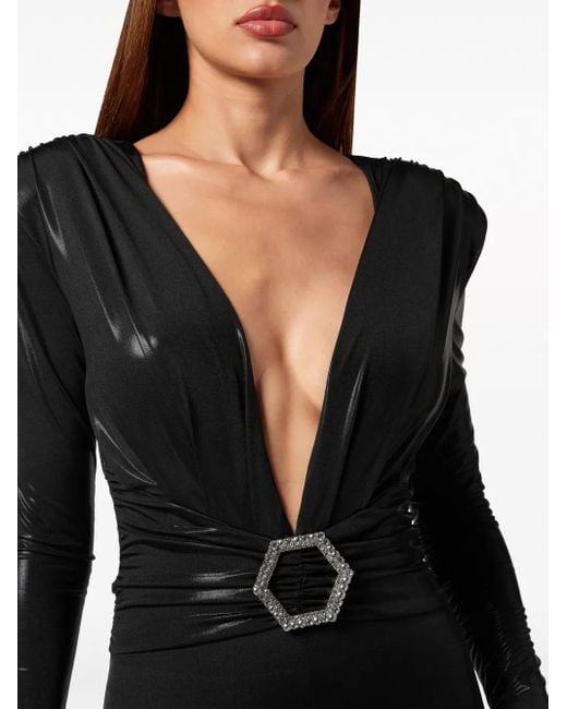 Philipp Plein Black Shoulder-Pads Lamé Jumpsuit