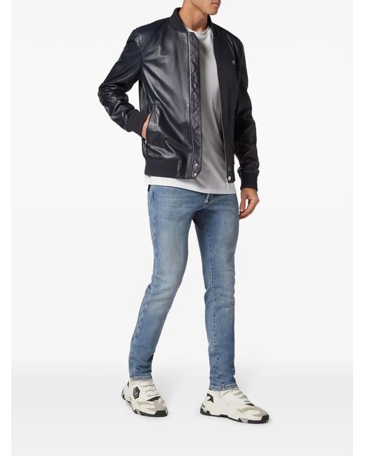 Philipp Plein Blue Leather Bomber Jacket for men