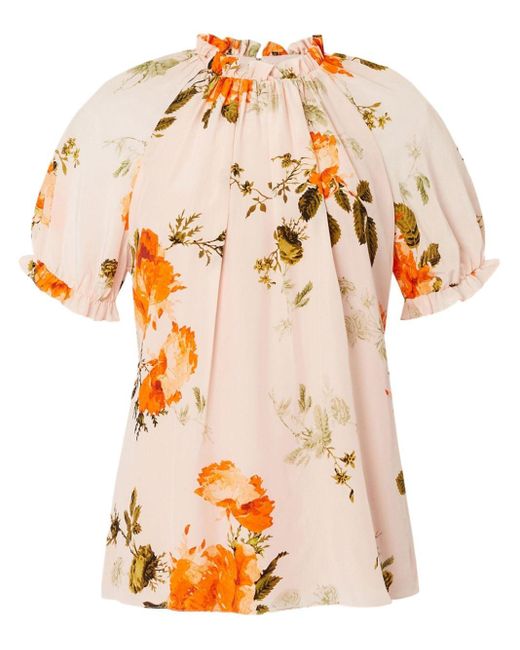 Erdem White Floral-print Short-sleeve Silk Blouse