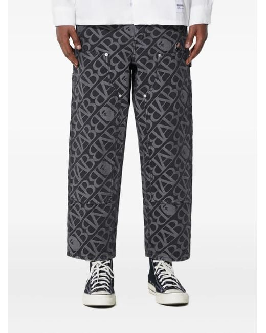 A Bathing Ape Gray Logo-Pattern Carpenter Jeans for men