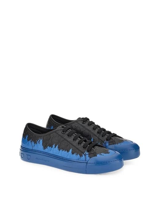 Ferragamo Blue Gancini-Embossed Paint-Splatter Sneakers for men