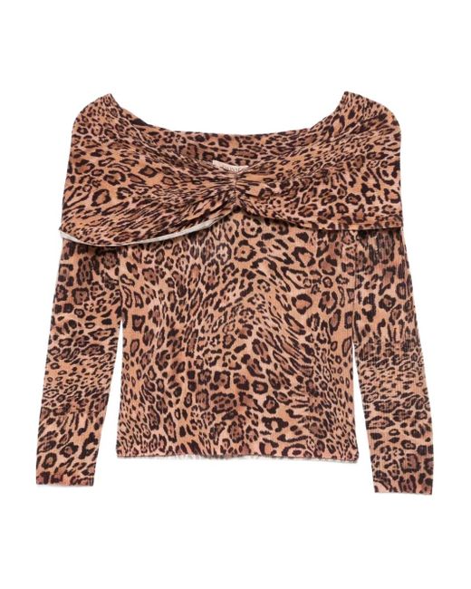 Twinset Brown Schulterfreier Pullover mit Leoparden-Print