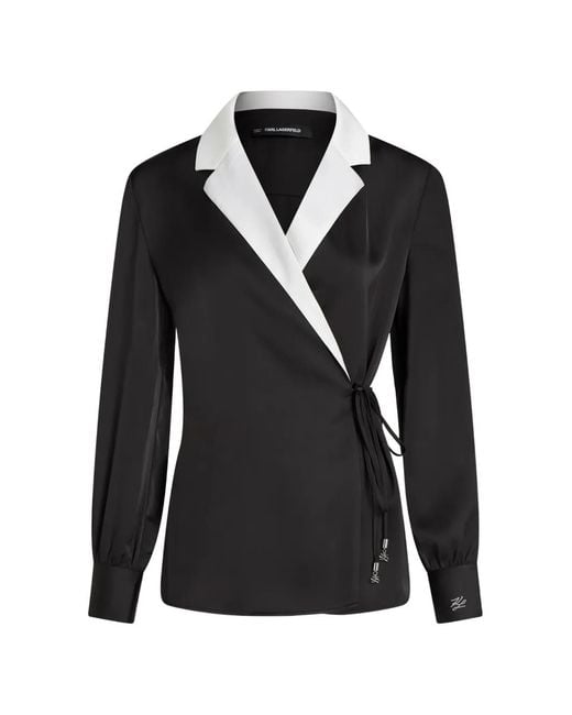 Karl Lagerfeld Black Satin-Finish Wrap Blouse