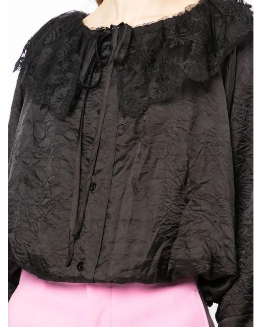 Patou Black Lace-Collar Long-Sleeve Blouse