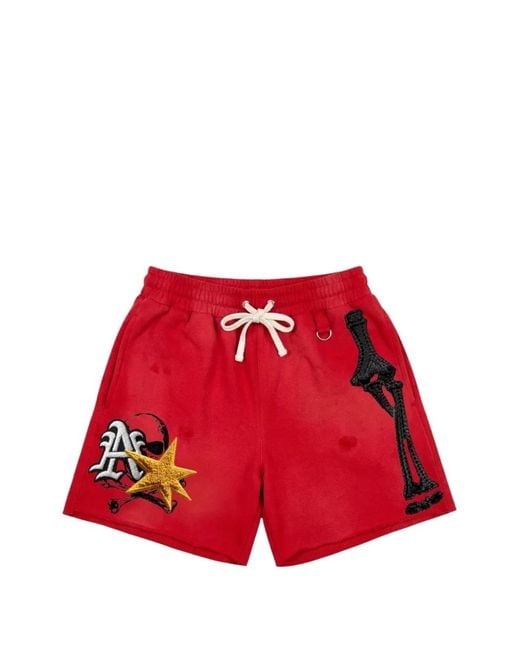 ALL HUMAN Red Short Brodé À Effet Usé for men