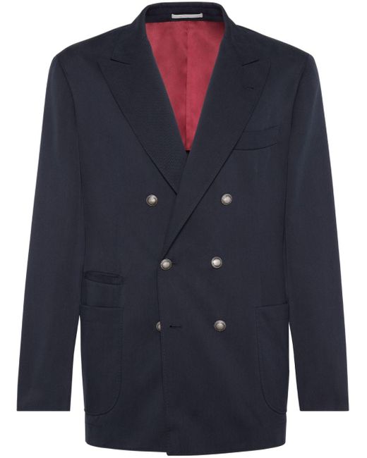 Brunello Cucinelli Blue Double-breasted Silk Blazer for men