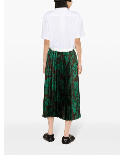 Sacai Green Floral-print Pleated Midi Skirt
