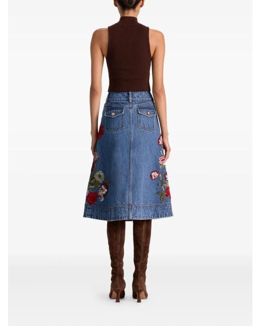 Alice + Olivia Blue Dahlia Embroidered Denim Skirt