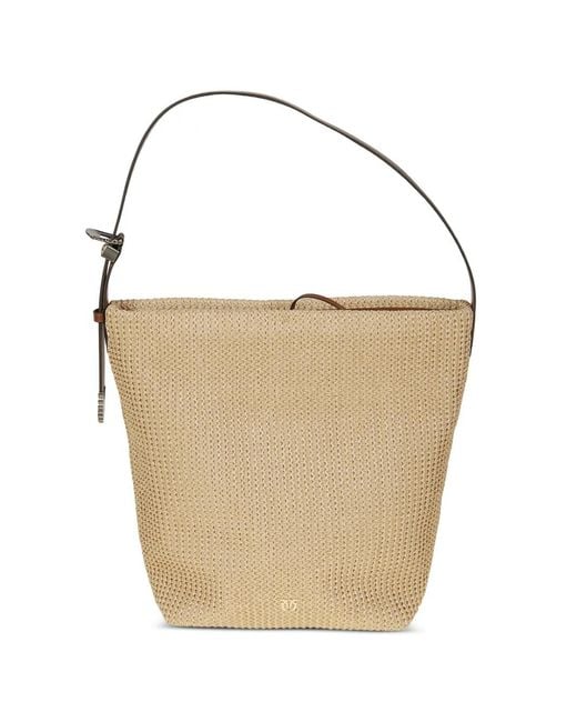 Pinko White Woven Buckle-Strap Bucket Bag
