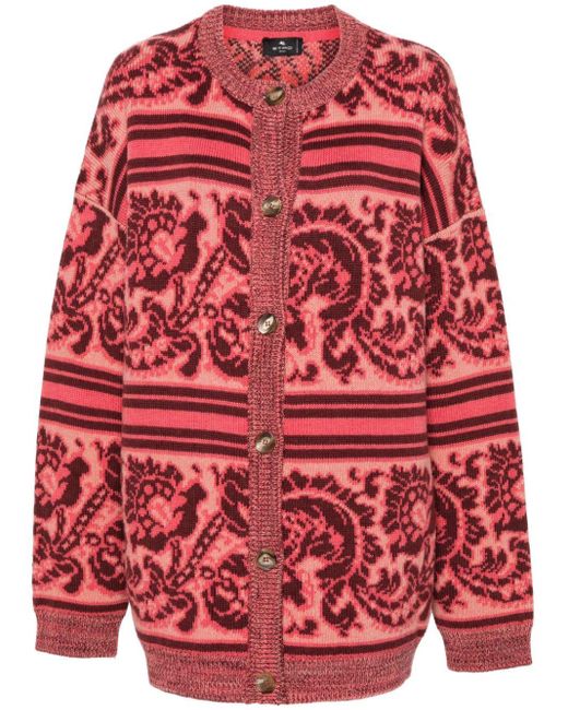 Etro Red Patterned-intarsia Wool-blend Cardigan