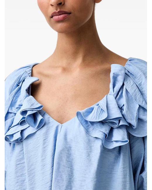 Stine Goya Blue Ruffled Puff-Sleeve Top