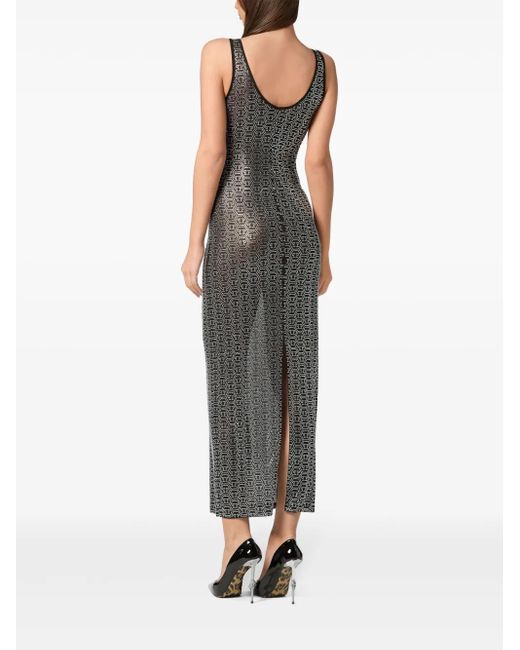 Philipp Plein Gray Crystal-Monogram Maxi Dress