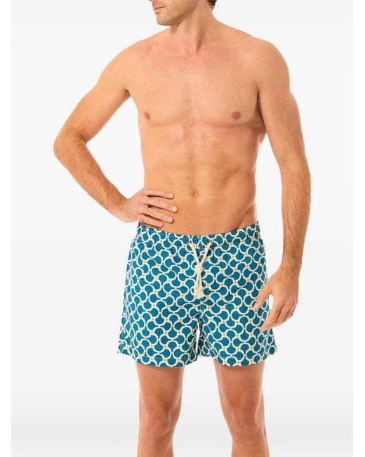 GASSA D'AMANTE Blue Geometric-Print Drawstring Swim Shorts for men