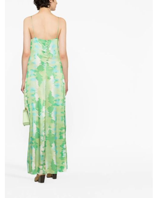 Ganni Green Watercolour-Print Slip Dress