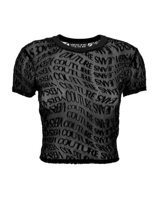 Versace Jeans Couture Black Logo-Print Mesh Top