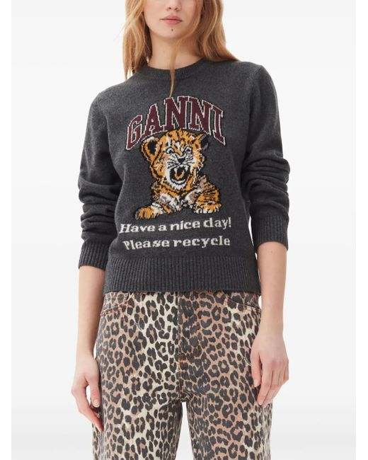 Ganni Gray Wool Crewneck Sweater