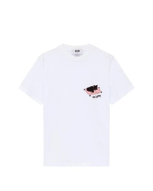 MSGM White Embroidered Cat T-Shirt