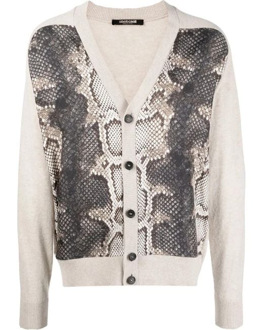 Roberto Cavalli Gray Snakeskin-Print Panelled Cardigan for men